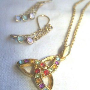 Necklace Pendant Dangle Earrings Stone Gold Tone